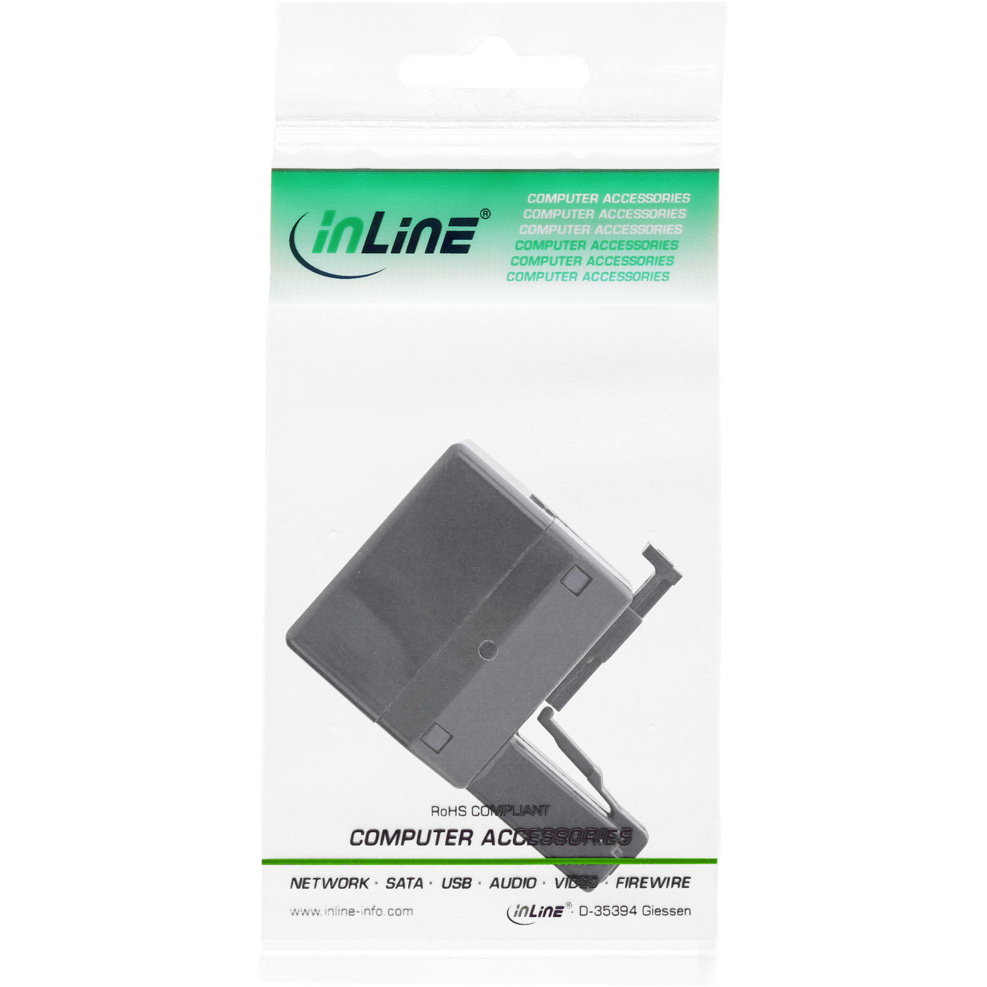 Computerzubehör in transparenter Verpackung. Das Paket hat das 'inLine'-Logo und Produktdetails. Das Zubehör ist grau.