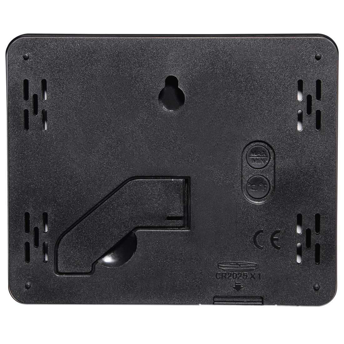 Tył czarnego urządzenia cyfrowego, z podstawką, otworem do zawieszania, komorą baterii i przyciskami do ustawień temperatury oraz oznaczeniem CE.