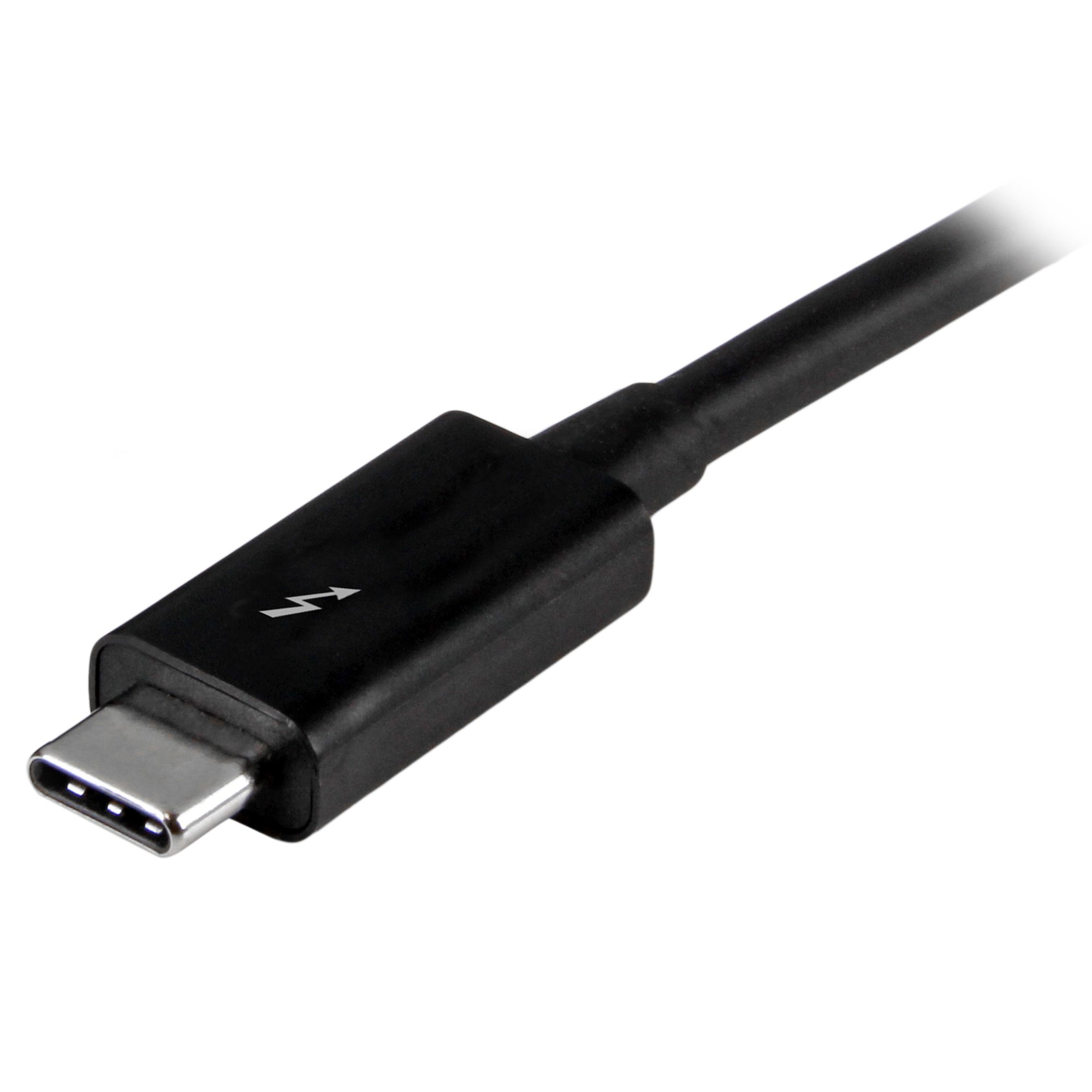Un cavo USB-C nero. Il connettore presenta un simbolo a fulmine. Il cavo è angolato su sfondo bianco.