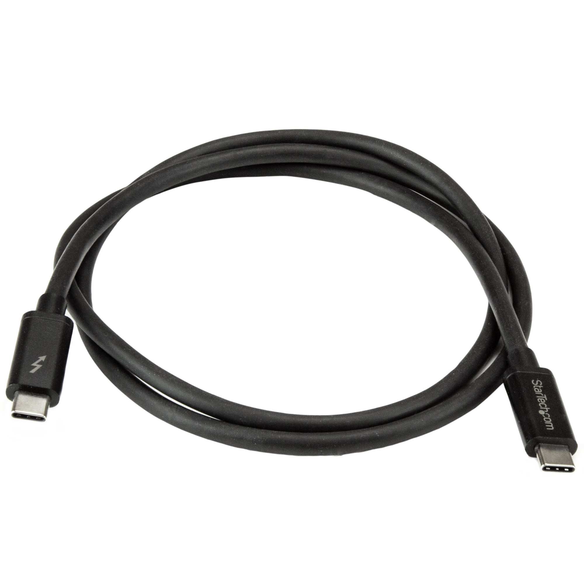 Un cavo USB-C nero con un simbolo Thunderbolt a un'estremità e il marchio StarTech.com sull'altra, su sfondo bianco.
