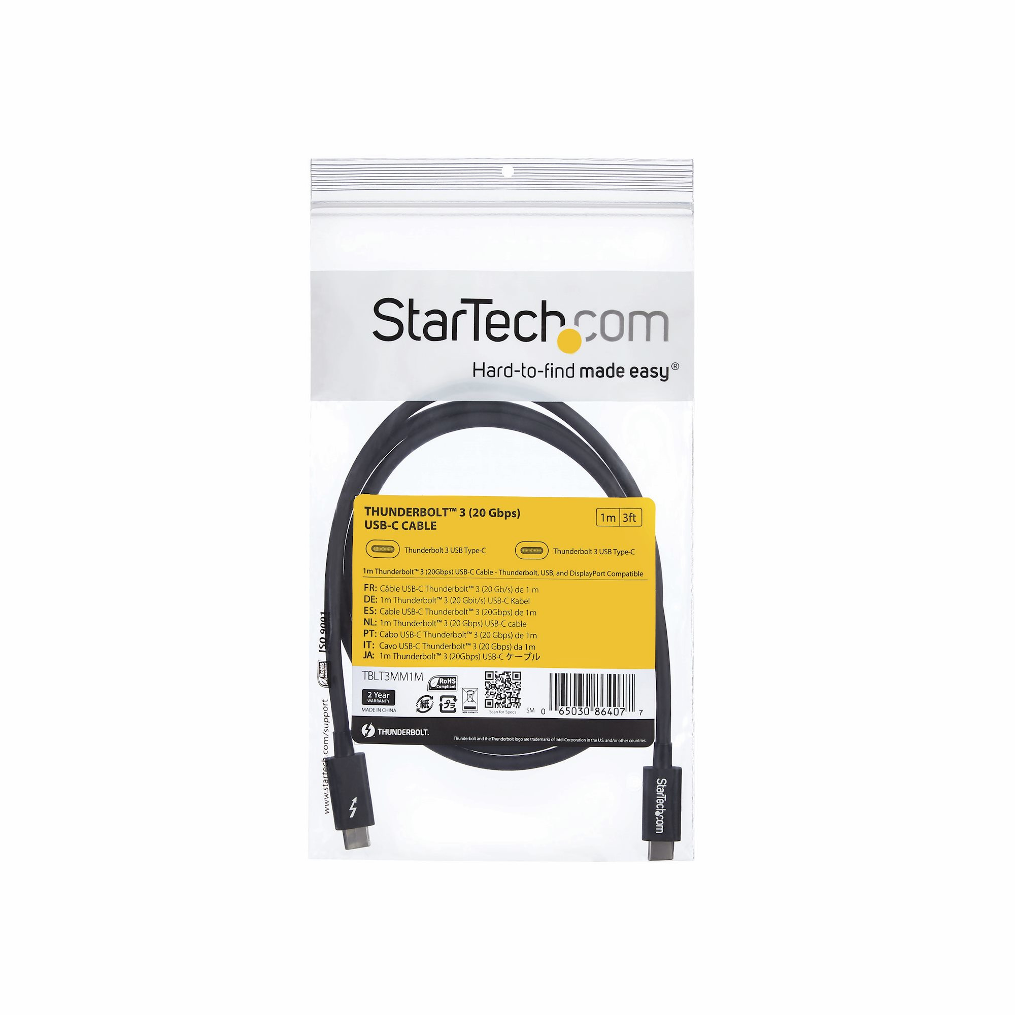 Cavo Thunderbolt 3 USB-C nero in confezione di plastica trasparente, marchio StarTech.com.