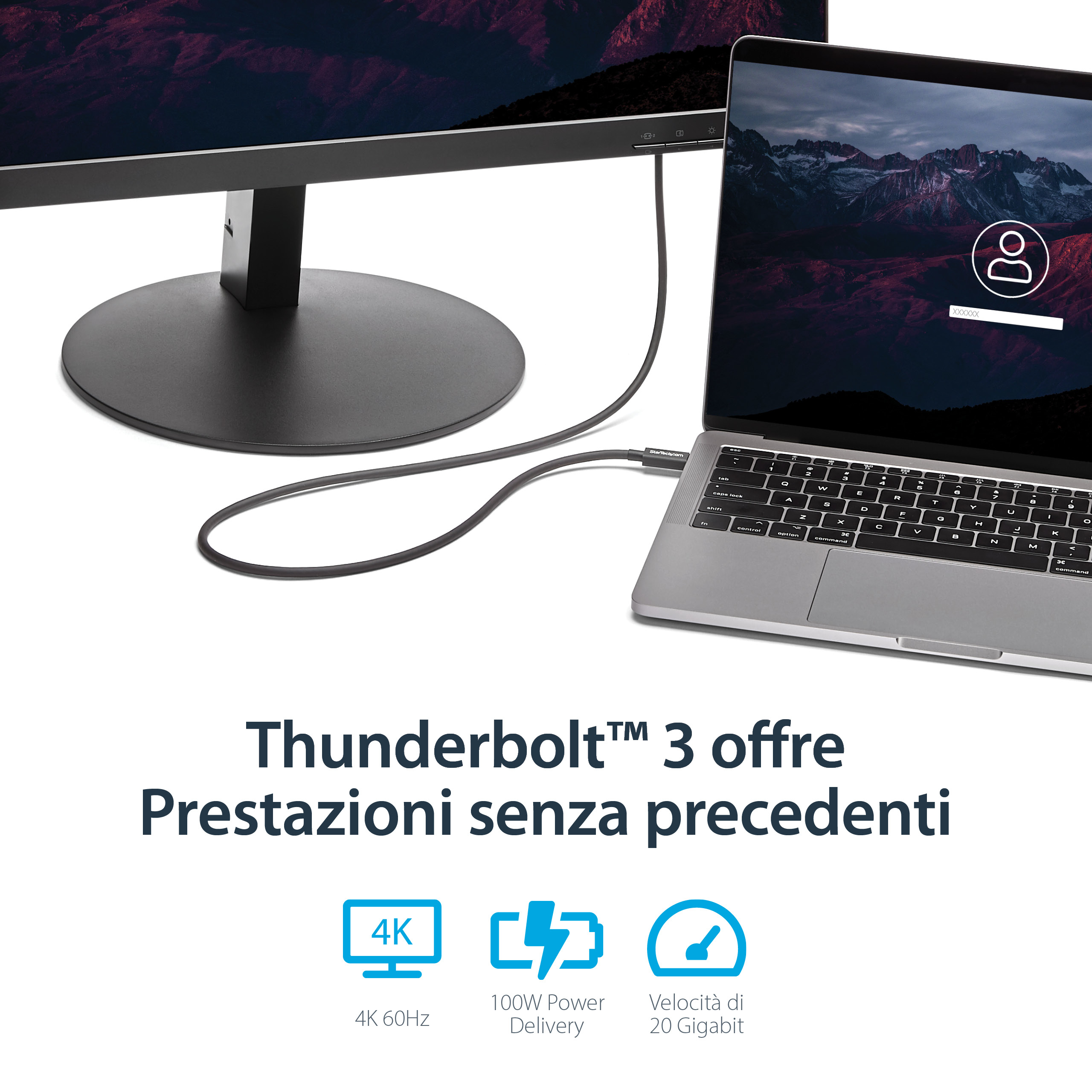 Un laptop e un monitor collegati tramite cavo. Lo schermo del laptop mostra una vista sulle montagne e una schermata di accesso.