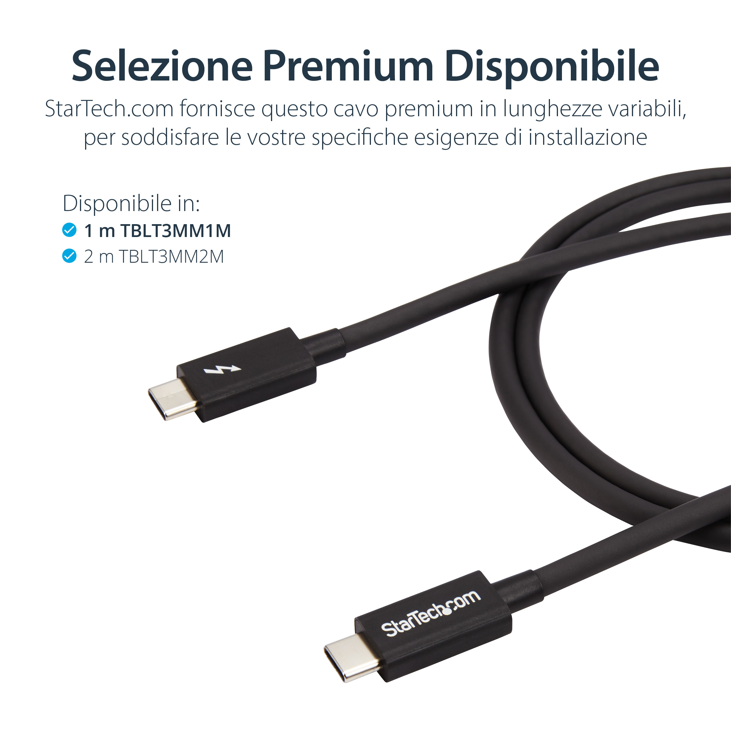 Cavo nero con connettori. Il testo sull'immagine fornisce informazioni sul prodotto e sulle lunghezze disponibili.