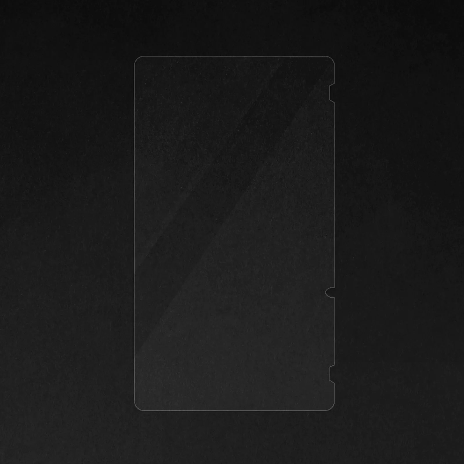 Przezroczysty prostokąt z zaokrąglonymi krawędziami, wyśrodkowany na ciemnym tle. Ma wycięcia po bokach.