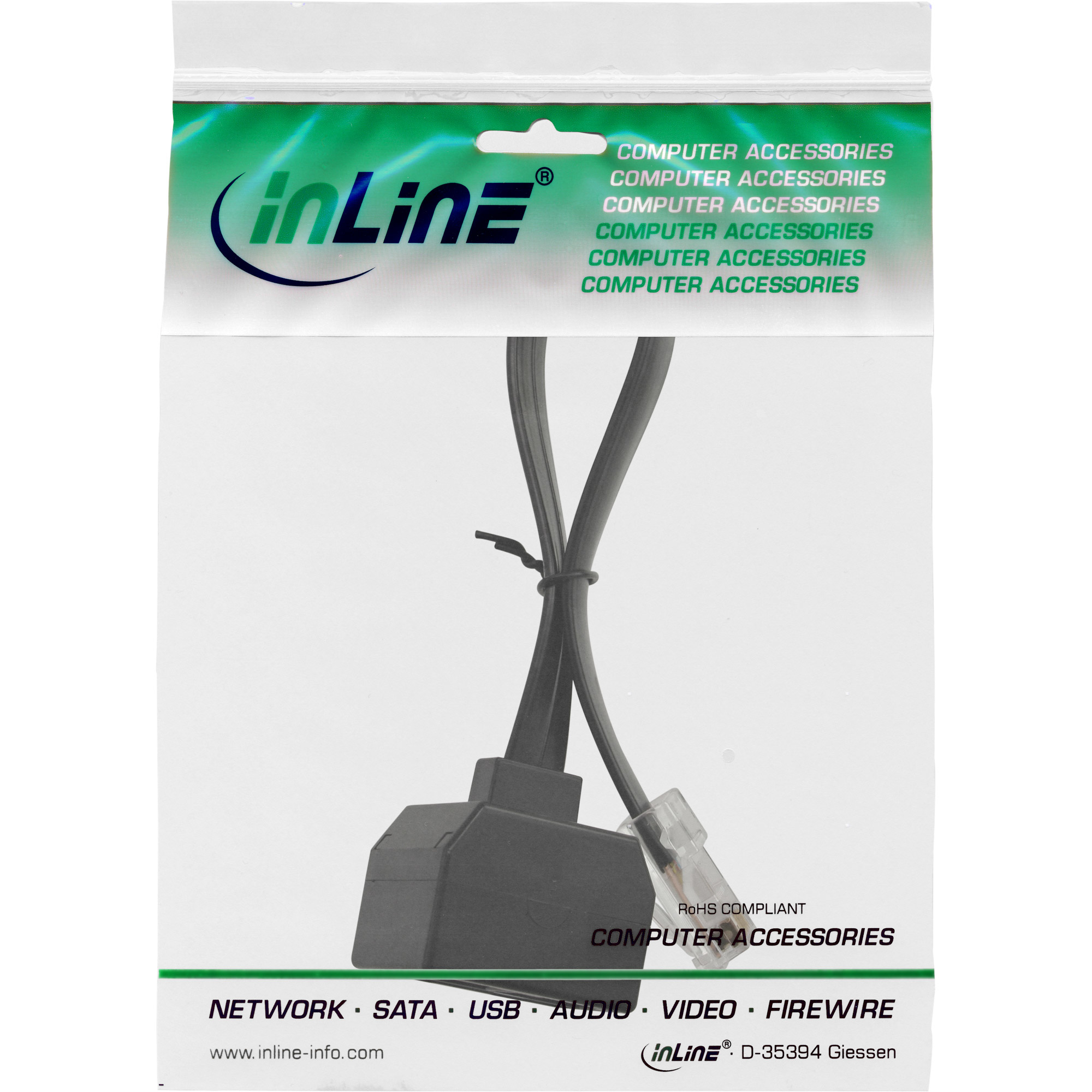 Ein Computerzubehörkabel in einer Plastikverpackung. Die Verpackung trägt das 'inLine'-Logo und Produktinformationen.