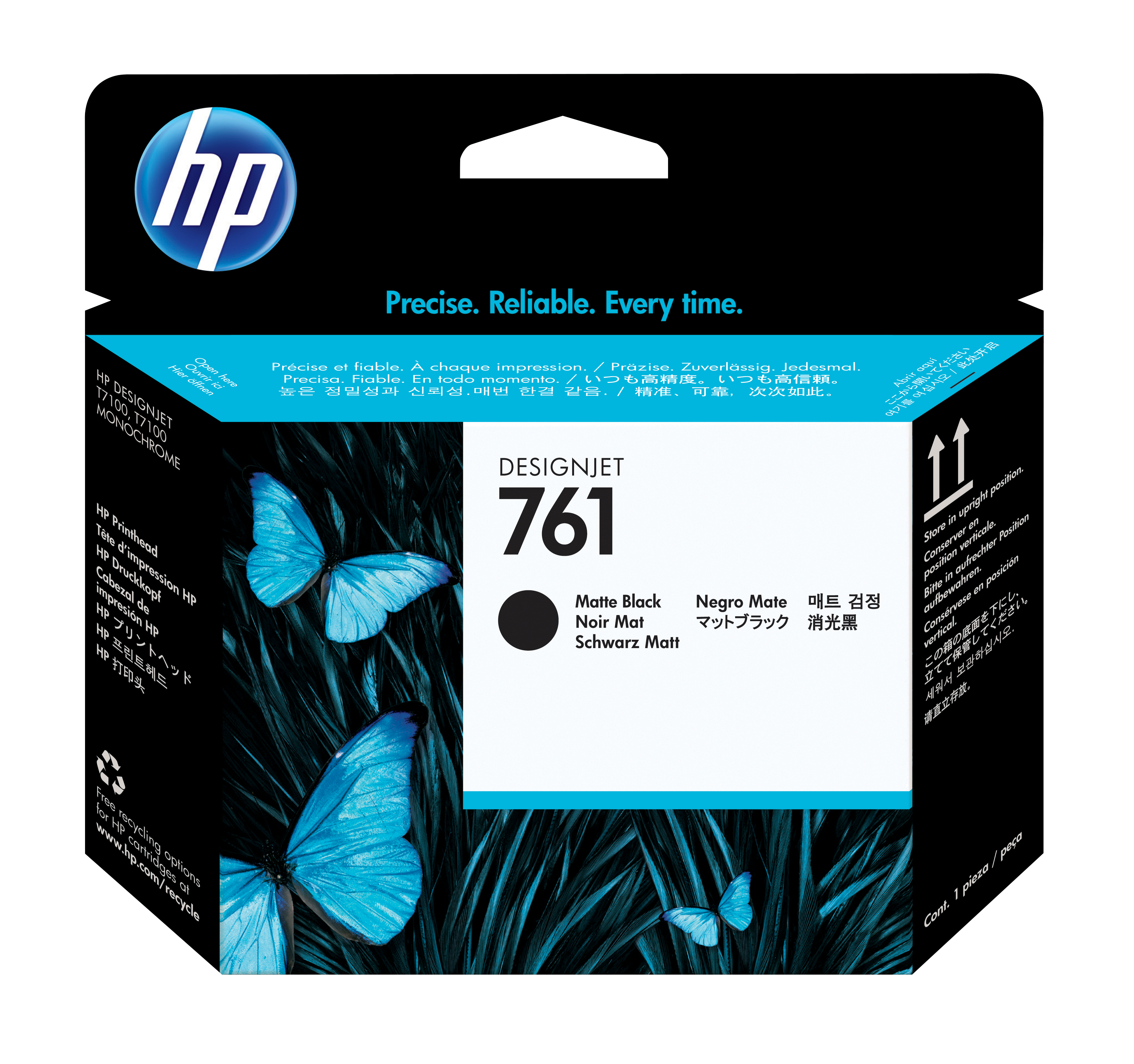 Una scatola di cartucce d'inchiostro HP Designjet 761 con farfalle e informazioni sul prodotto.