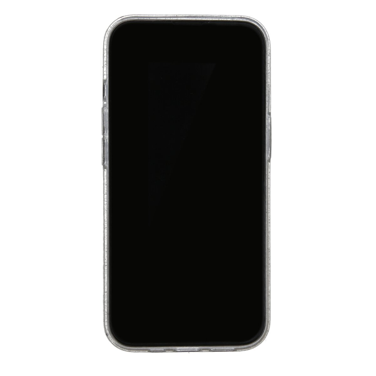 Ein Smartphone mit schwarzem Bildschirm in einer transparenten Hülle ist auf weißem Hintergrund zentriert.