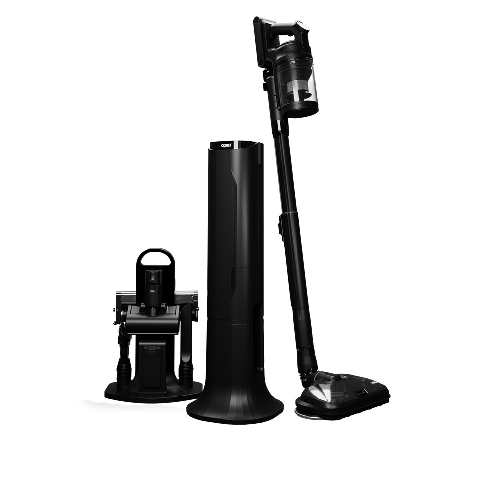 Czarny odkurzacz bezprzewodowy z akcesoriami na białym tle. Zawiera stację ładującą i nasadki.