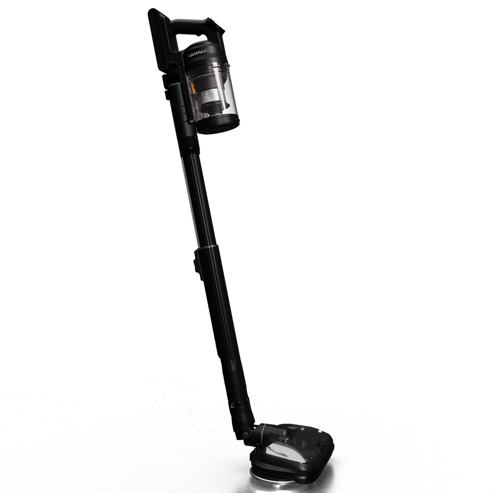 Czarny bezprzewodowy odkurzacz na białej powierzchni. Ma przezroczysty pojemnik na kurz i uchwyt. Głowica jest płaska.