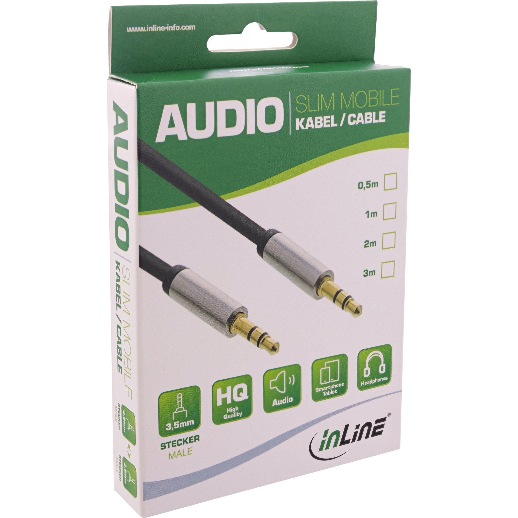 Eine Schachtel mit einem schwarzen Audiokabel und Marken wie 'Audio' und 'inLine'. Die Schachtel ist grün und weiß.