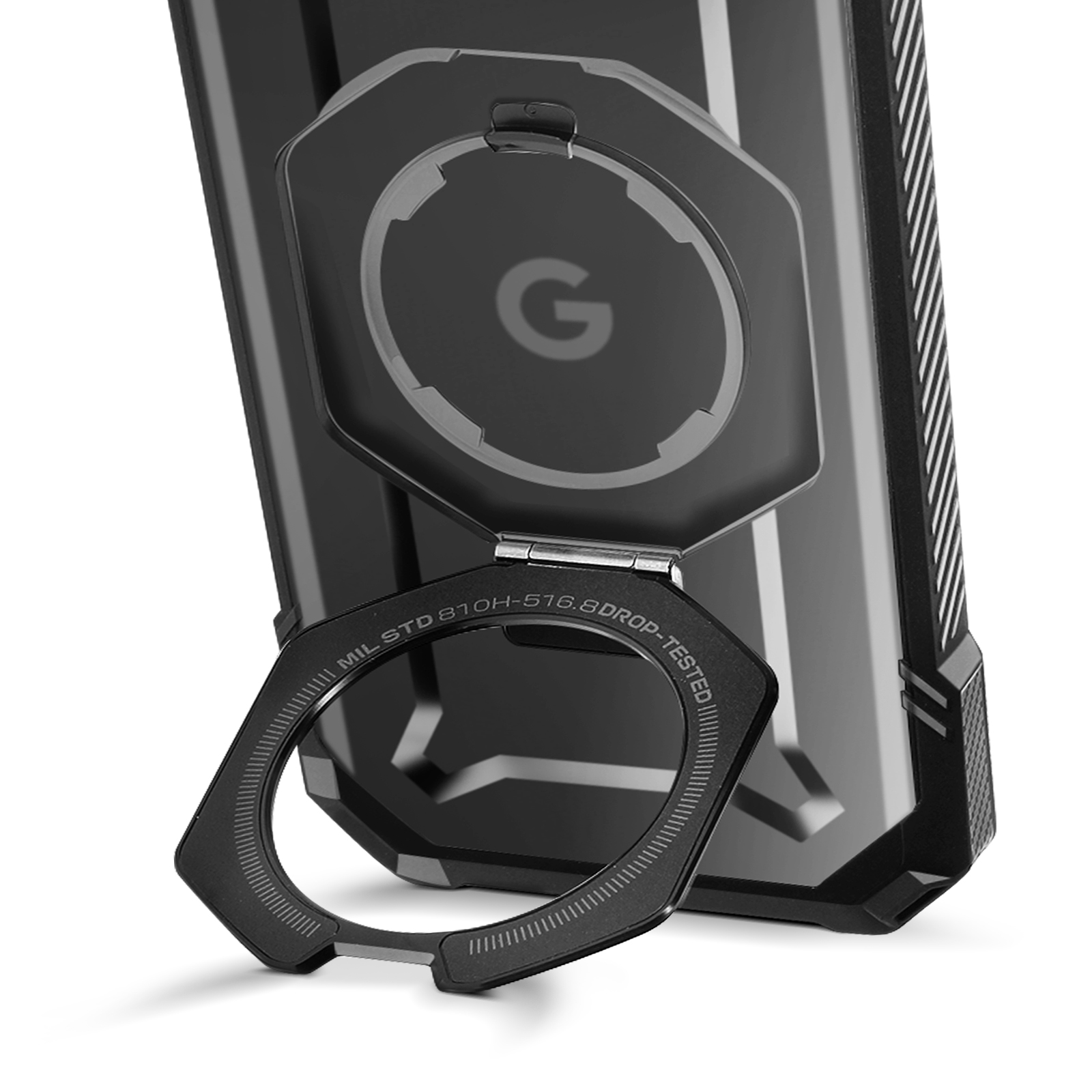 Custodia nera per telefono con supporto ad anello e logo Google. La custodia è angolata e il supporto è aperto.