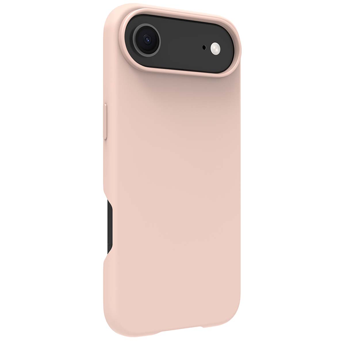 Una custodia per telefono rosa chiaro. Ha un'area nera per la fotocamera con lente e flash. La custodia copre retro e lati.