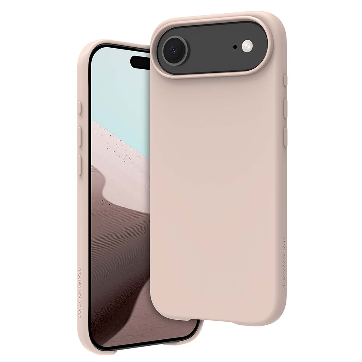 Un telefono in una custodia rosa. Lo schermo del telefono mostra un paesaggio. La custodia presenta dettagli della fotocamera e dei pulsanti.