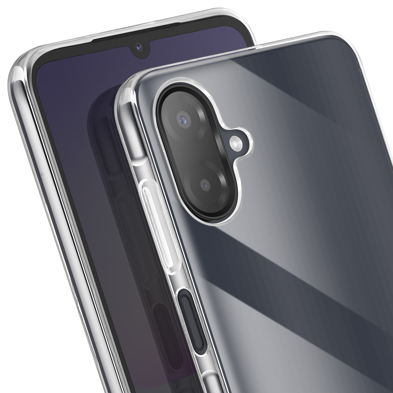 Custodia trasparente per telefono. Sono visibili due telefoni. Uno è dietro. L'altro è davanti.
