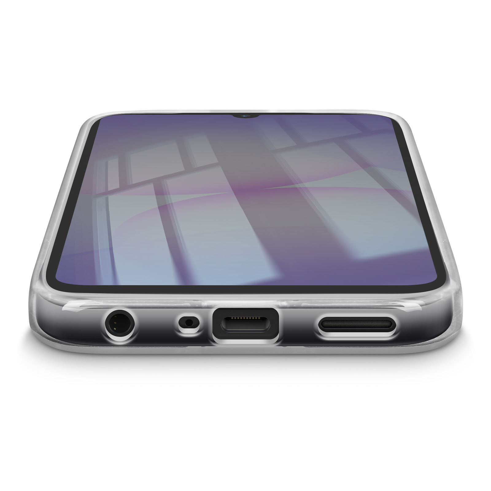 Uno smartphone in una custodia trasparente è appoggiato su una superficie bianca. Lo schermo riflette una vista finestra.