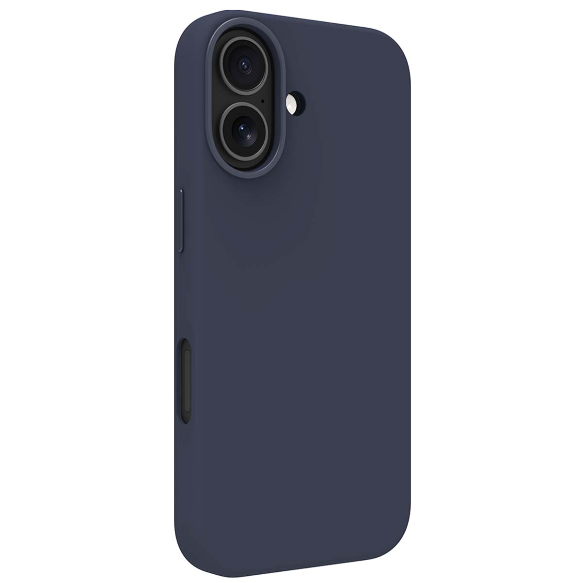 Una custodia blu navy. Presenta ritagli per la fotocamera e pulsanti laterali. La custodia è liscia e ha bordi arrotondati.