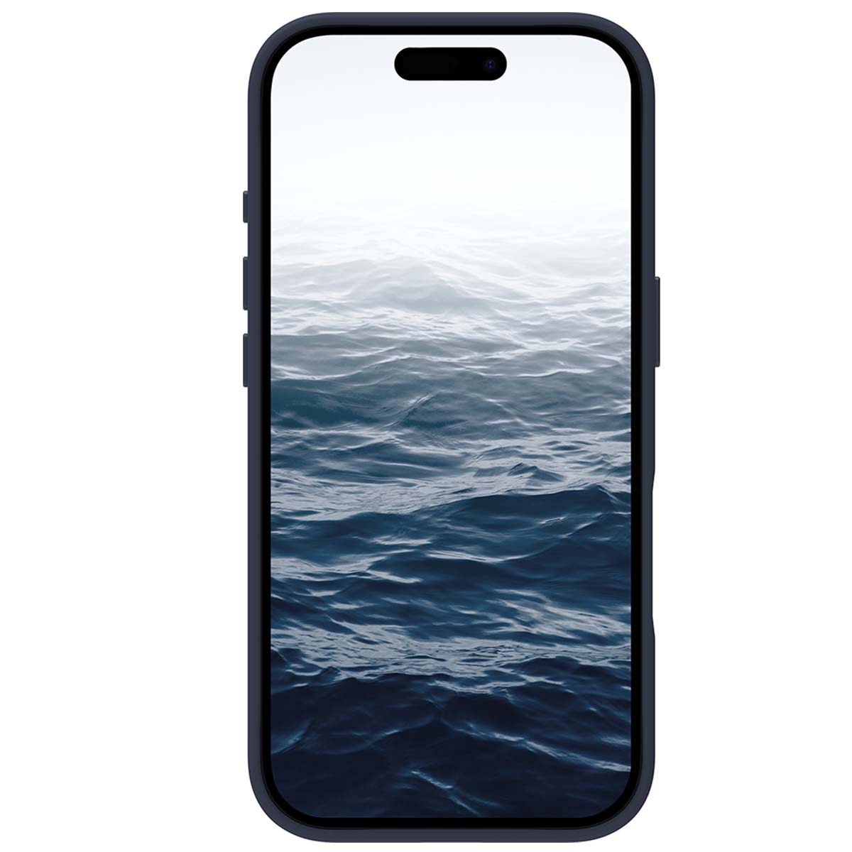 Uno smartphone mostra una scena marina. Lo schermo mostra onde oceaniche in tonalità blu e bianco, racchiuse in una custodia blu scuro.