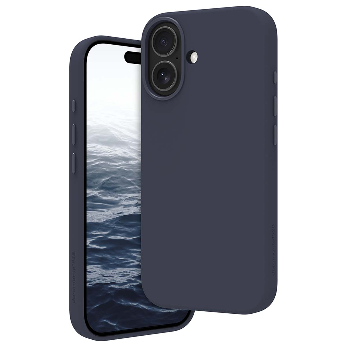 Una custodia blu scuro accanto a un telefono che mostra un'immagine dell'oceano. La custodia ha ritagli per la fotocamera e pulsanti laterali. Il telefono è visibile.