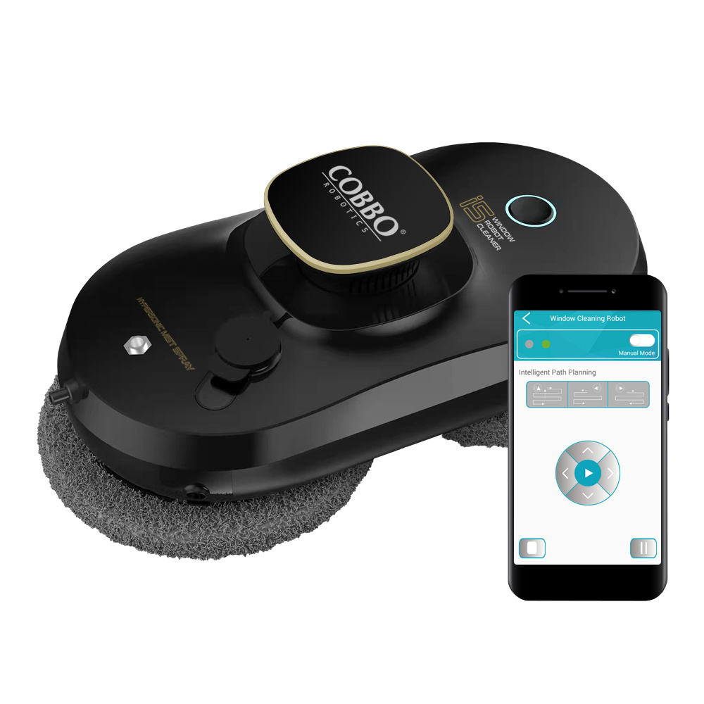 Czarny robot do czyszczenia okien ze smartfonem wyświetlającym interfejs sterowania. Robot ma szarą podkładkę czyszczącą.
