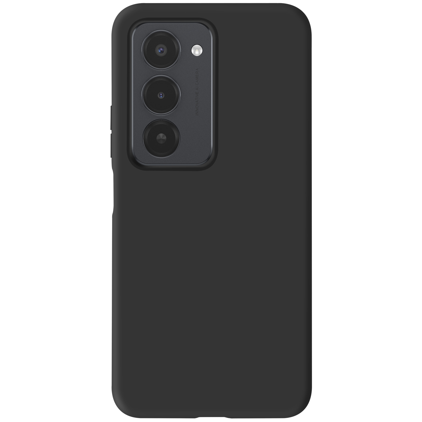 Une coque de téléphone noire avec un module caméra contenant trois lentilles. Le boîtier est uni et mat.