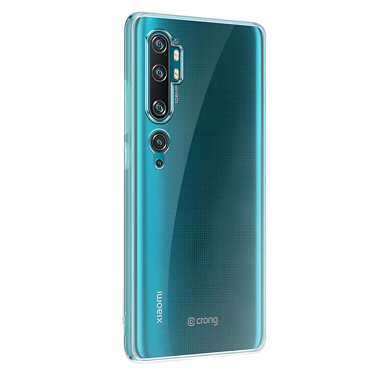 Un telefono turchese con una custodia trasparente. Il telefono ha più fotocamere in alto a sinistra. Xiaomi e Crong sono scritti sul telefono.