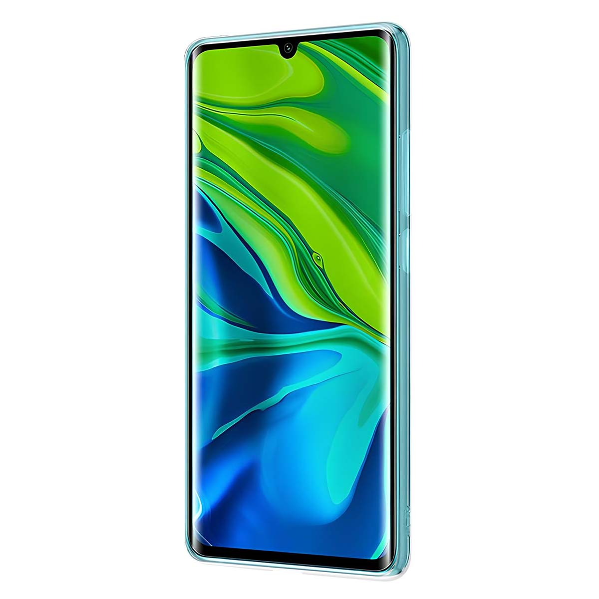 Uno smartphone con uno sfondo astratto verde e blu è racchiuso in una custodia trasparente. Lo schermo è acceso.
