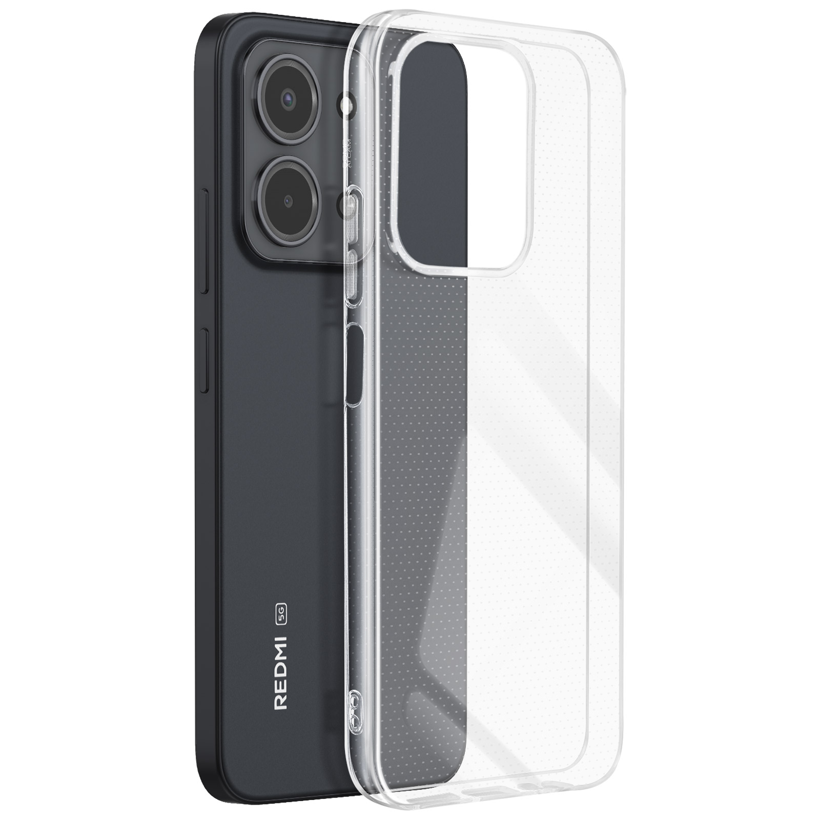 Un téléphone noir Redmi 5G avec une coque transparente. Le téléphone a deux caméras et une coque transparente à droite.