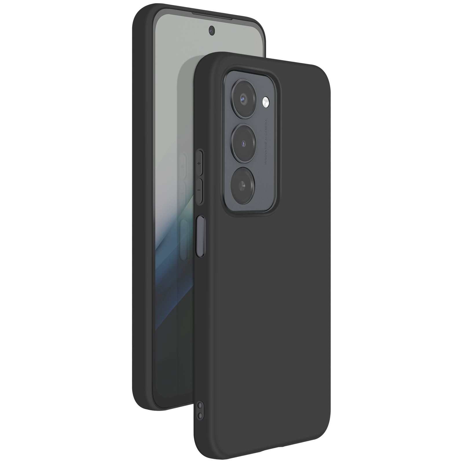 Un téléphone noir dans un étui noir, montrant l'écran et les caméras. Le téléphone est légèrement décalé.