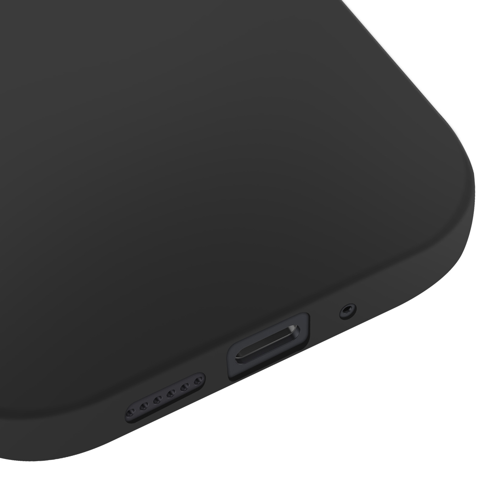 Gros plan d'un téléphone noir. Montre le bord inférieur avec port de charge, trous de haut-parleur et microphone.