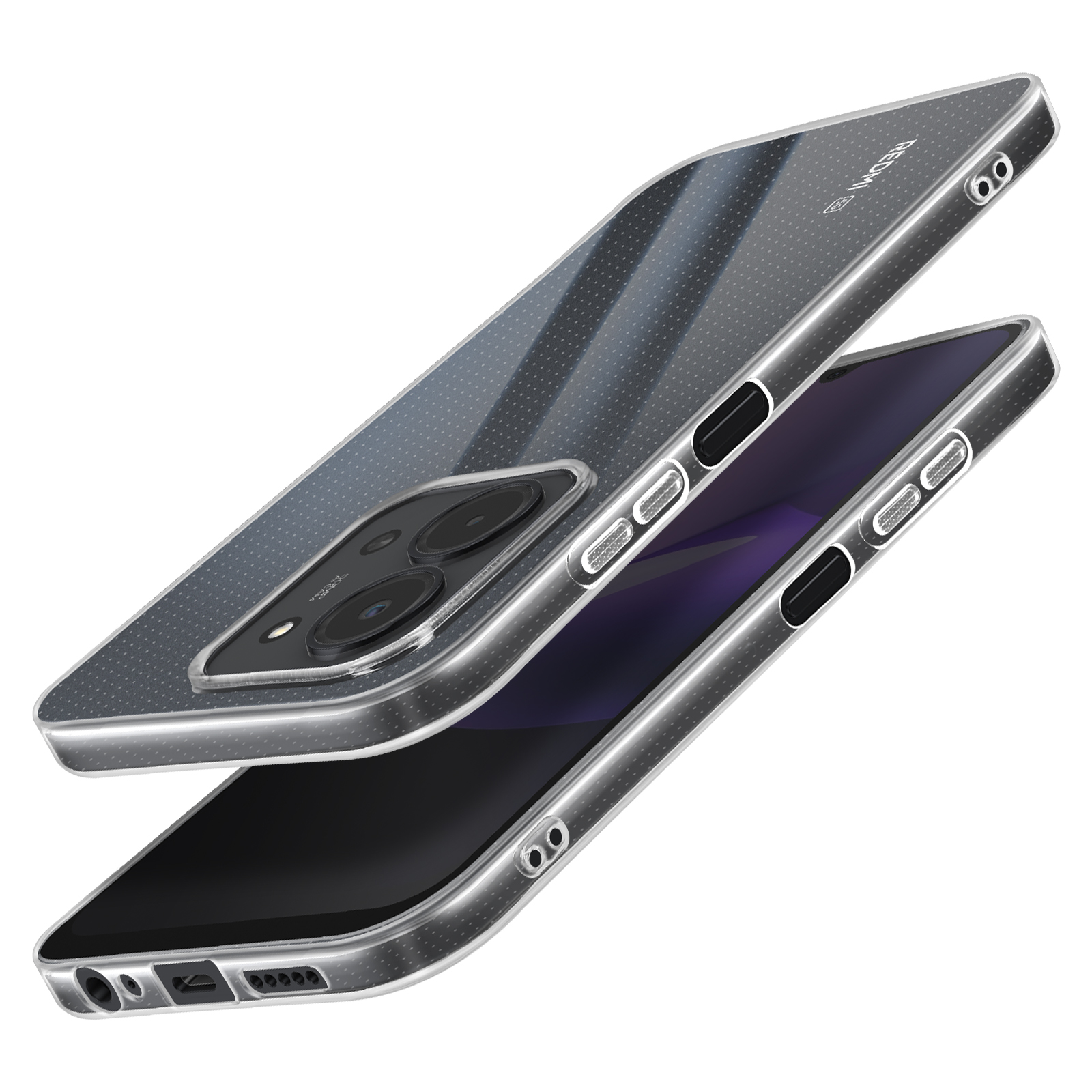 Une coque de téléphone avec un dos transparent et pointillé et un cadre argenté, montrant l'appareil photo et l'écran.