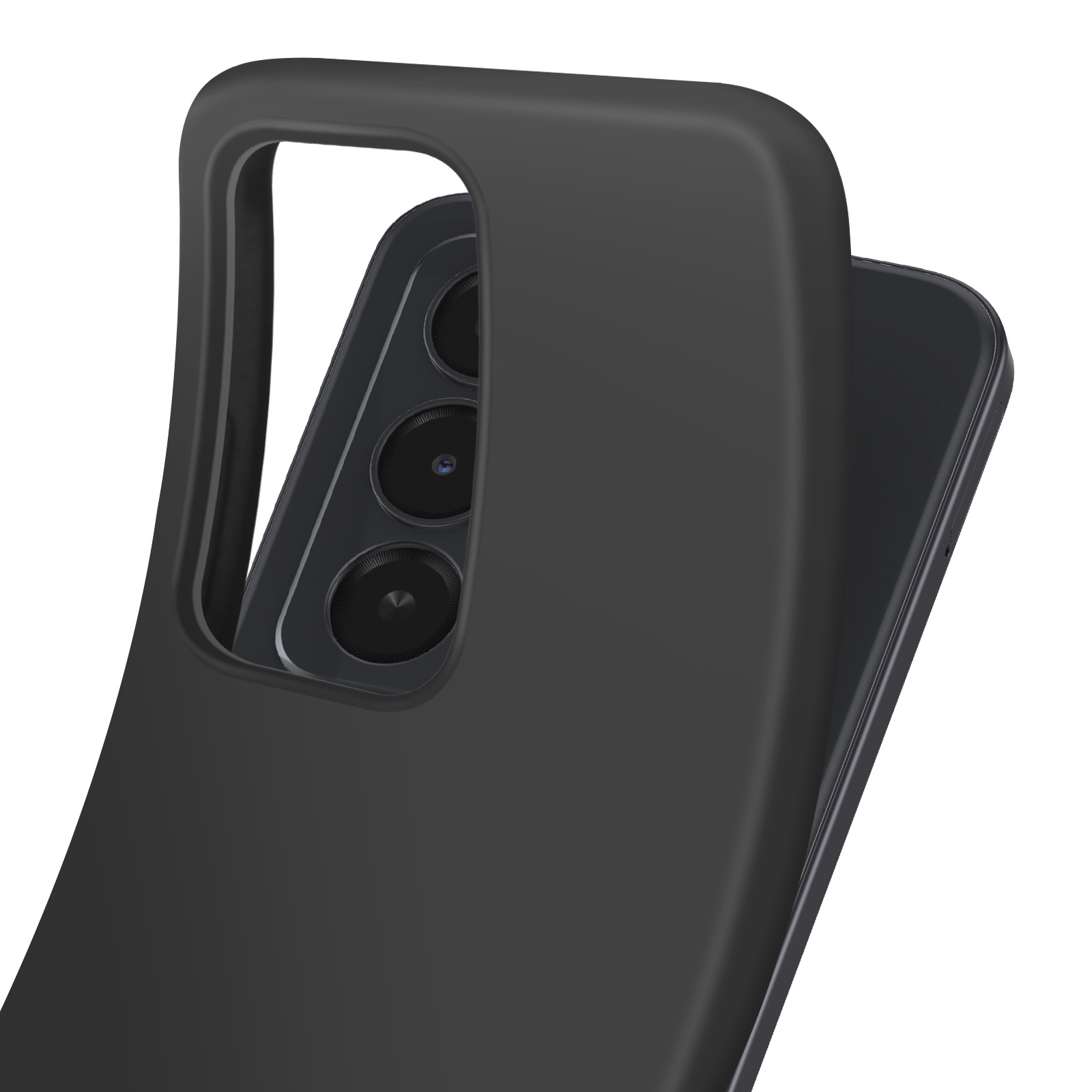 Gros plan d'une coque de téléphone, montrant les lentilles de l'appareil photo. L'étui est noir, avec un cadre.