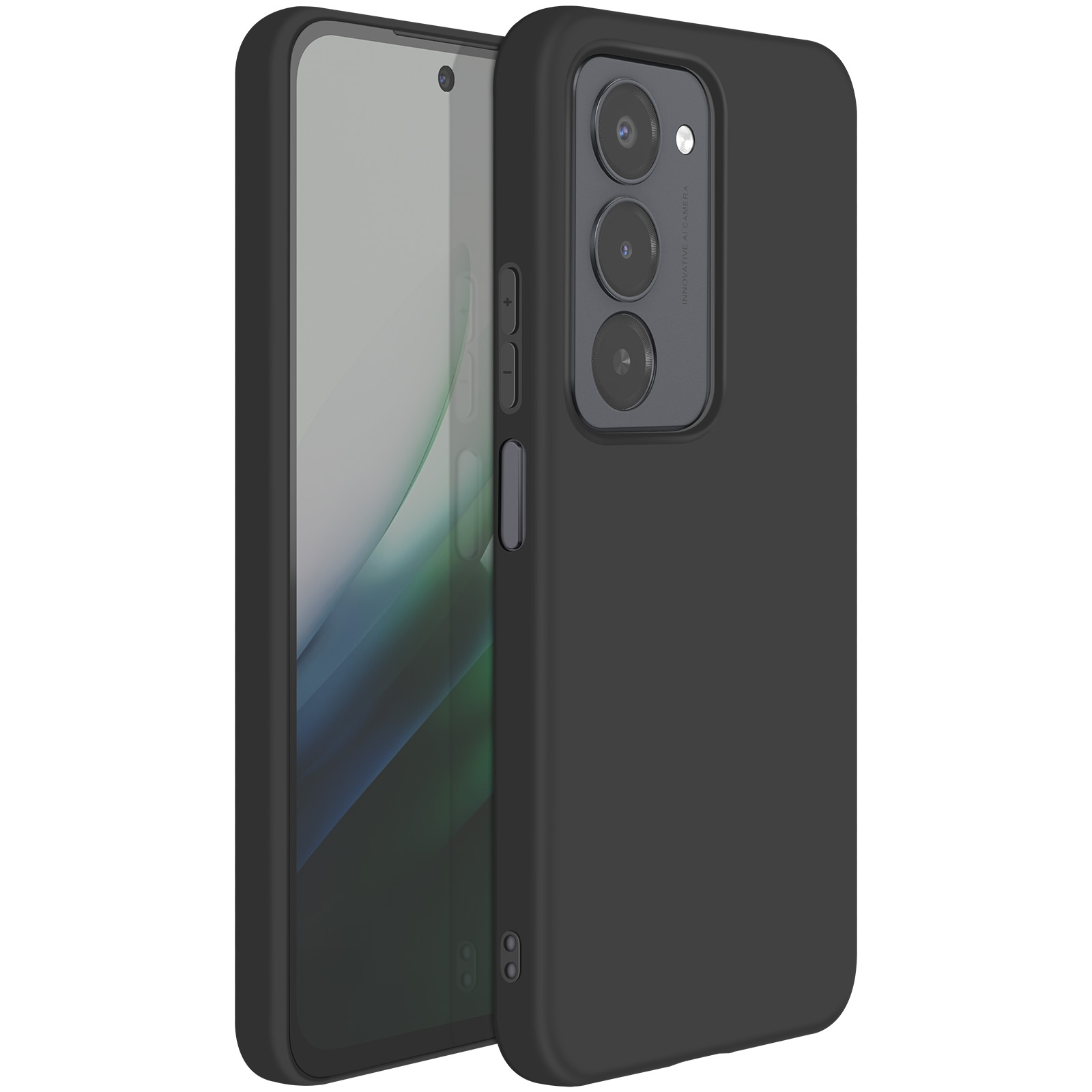 Un téléphone noir dans un étui noir. Le téléphone est partiellement visible, montrant l'écran. L'étui a des trous pour l'appareil photo.