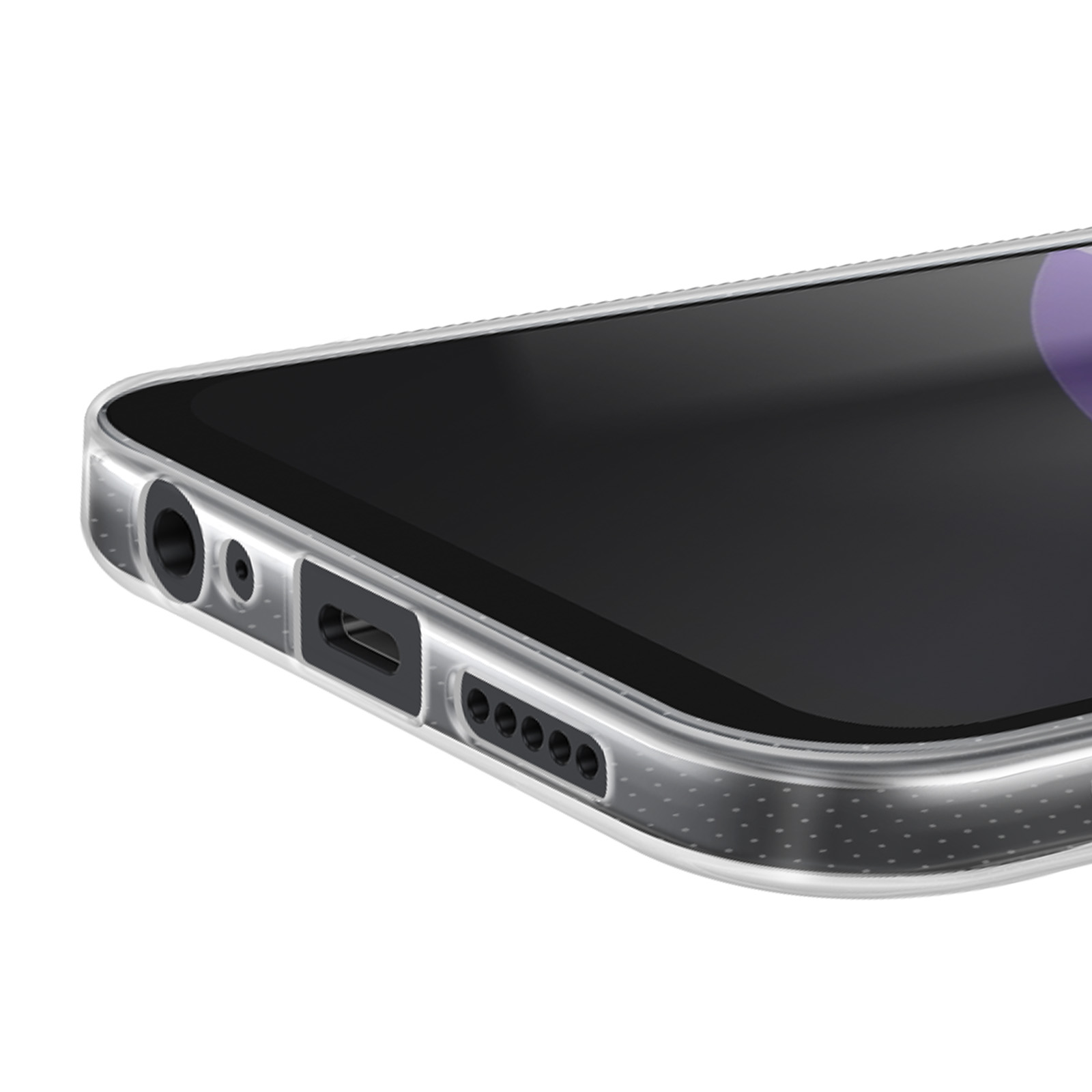 Gros plan d'un téléphone avec une coque transparente. Le port de charge, le haut-parleur et la prise casque sont visibles, avec un écran noir.