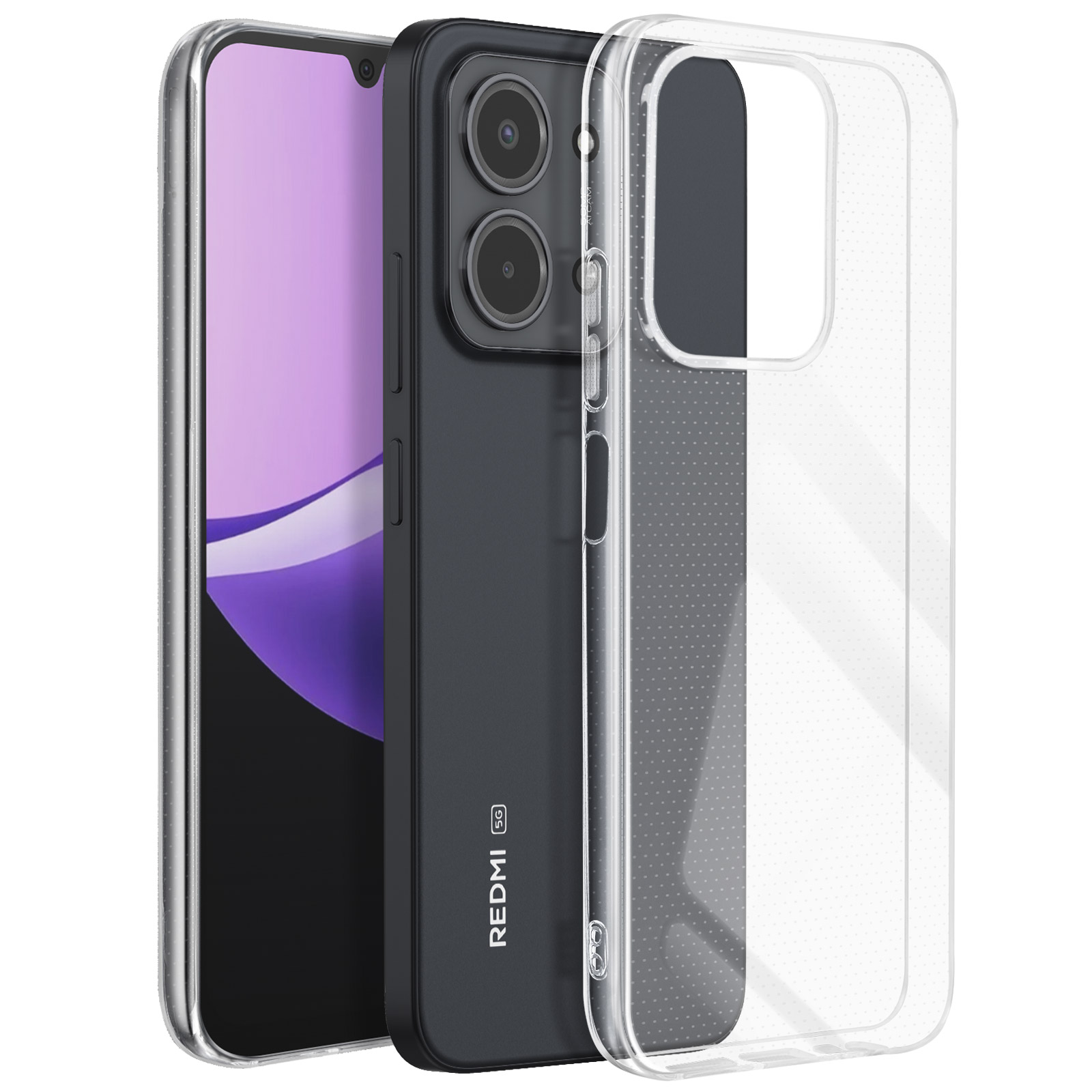 Un téléphone gris foncé avec un étui transparent. Le téléphone a un écran violet et une double caméra. Logo Redmi 5G visible.
