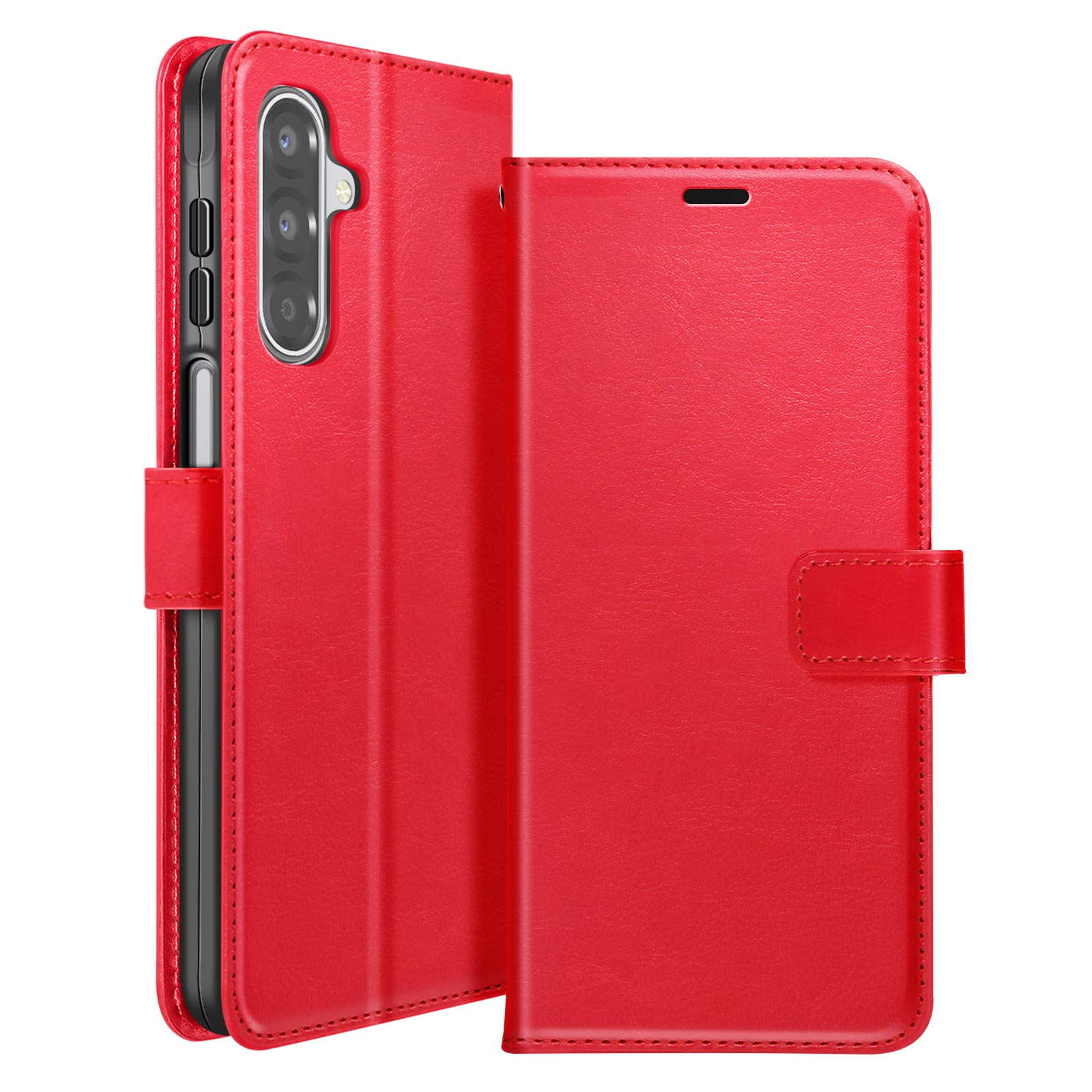 Una custodia rossa per telefono è aperta, rivelando il telefono. La custodia ha una chiusura magnetica.