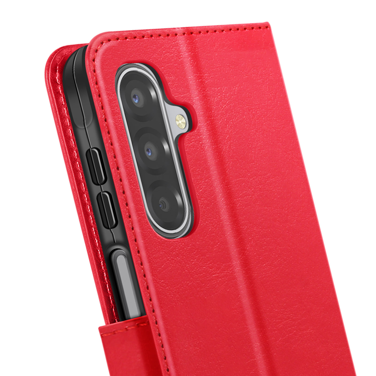 Una custodia rossa con un telefono all'interno è mostrata su sfondo bianco. Il telefono ha più fotocamere.