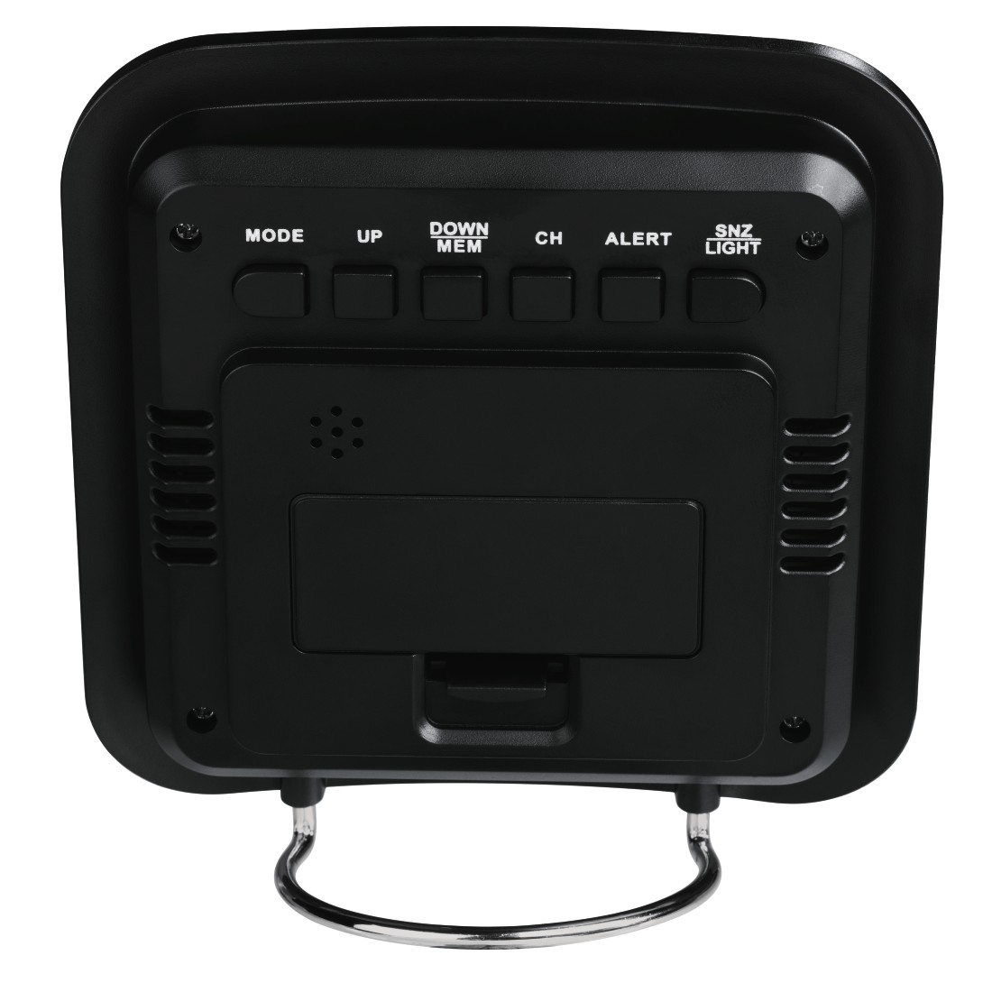 Czarny zegar cyfrowy z przyciskami trybu, góra, dół, CH, alarm i światło. Posiada metalowy stojak.