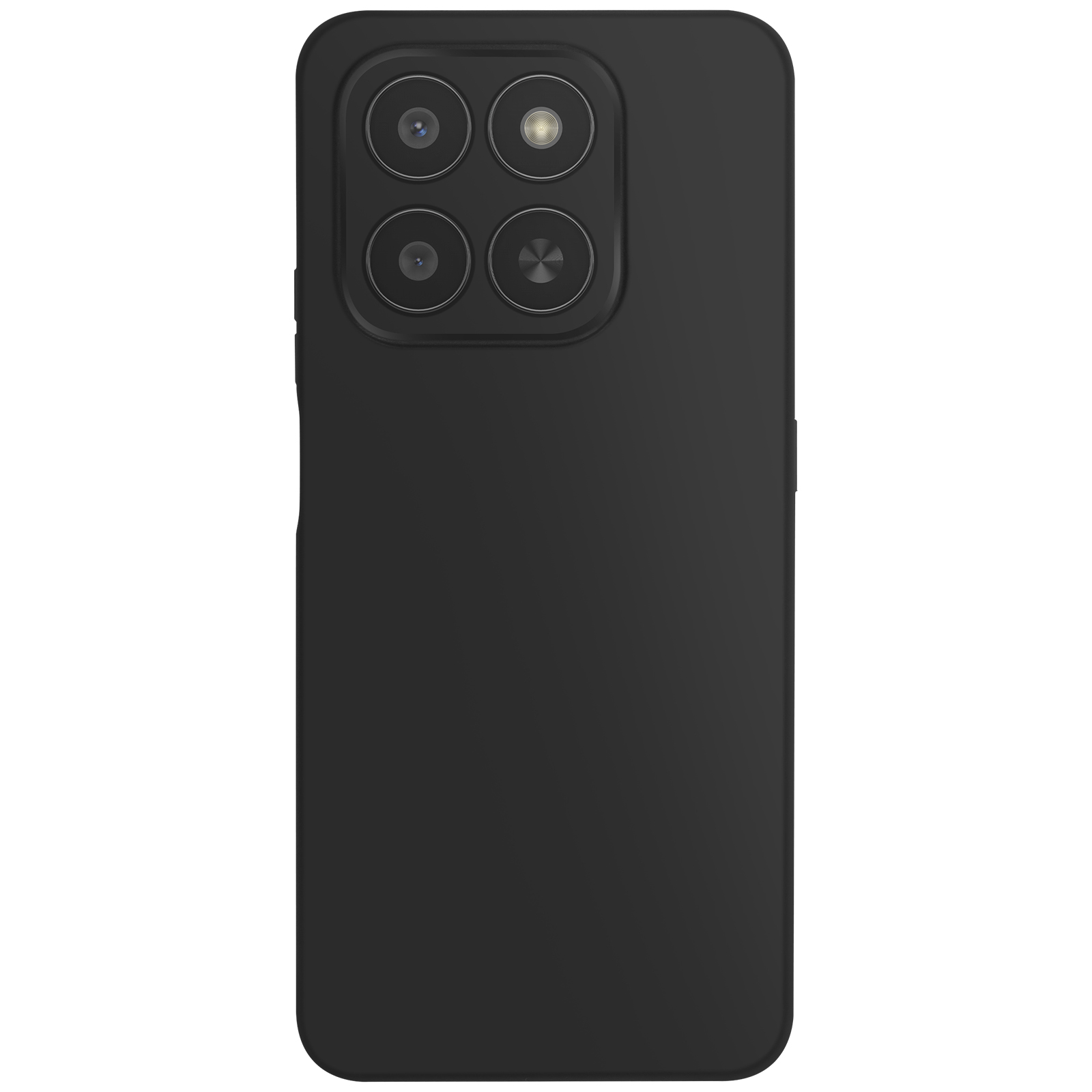 Retro smartphone nero con quattro fotocamere. Il telefono è a fuoco su sfondo bianco.