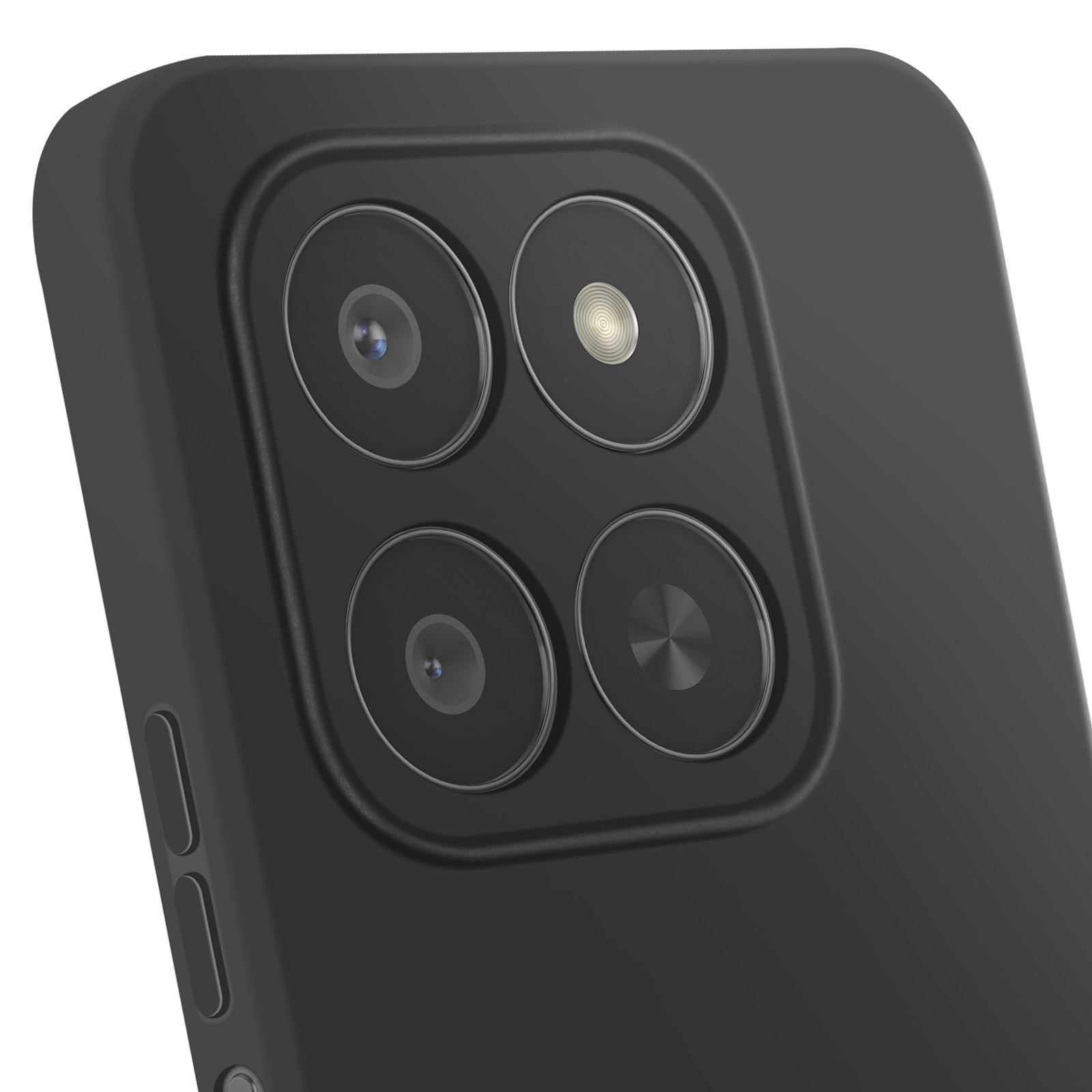 Primo piano di uno smartphone nero. Quattro obiettivi della fotocamera visibili. Il lato del telefono presenta i pulsanti del volume.