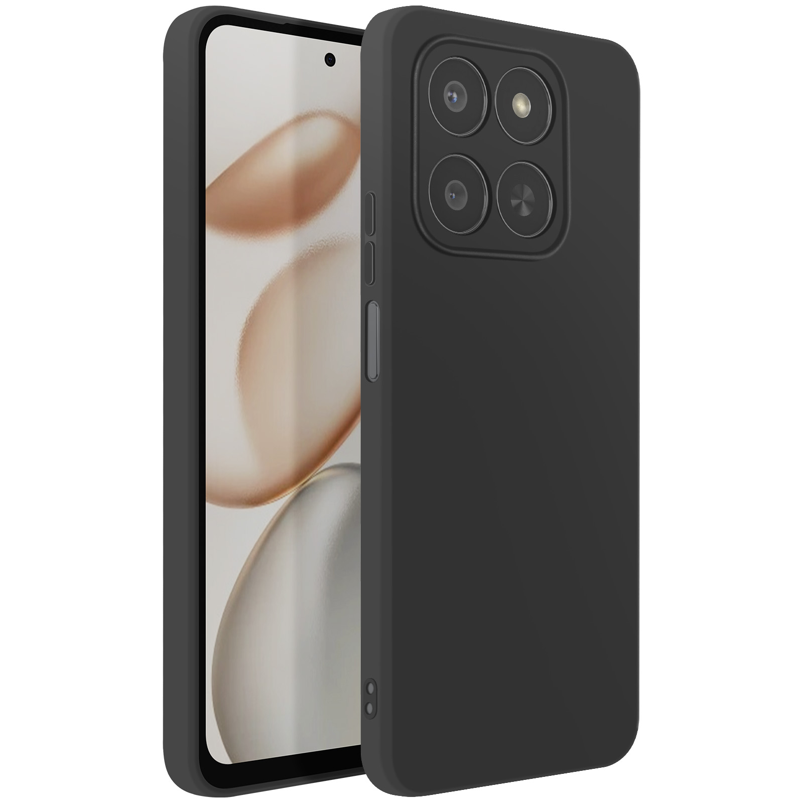Smartphone nero con custodia protettiva. Lo schermo mostra un'immagine sfocata. Quattro lenti della fotocamera sono visibili.