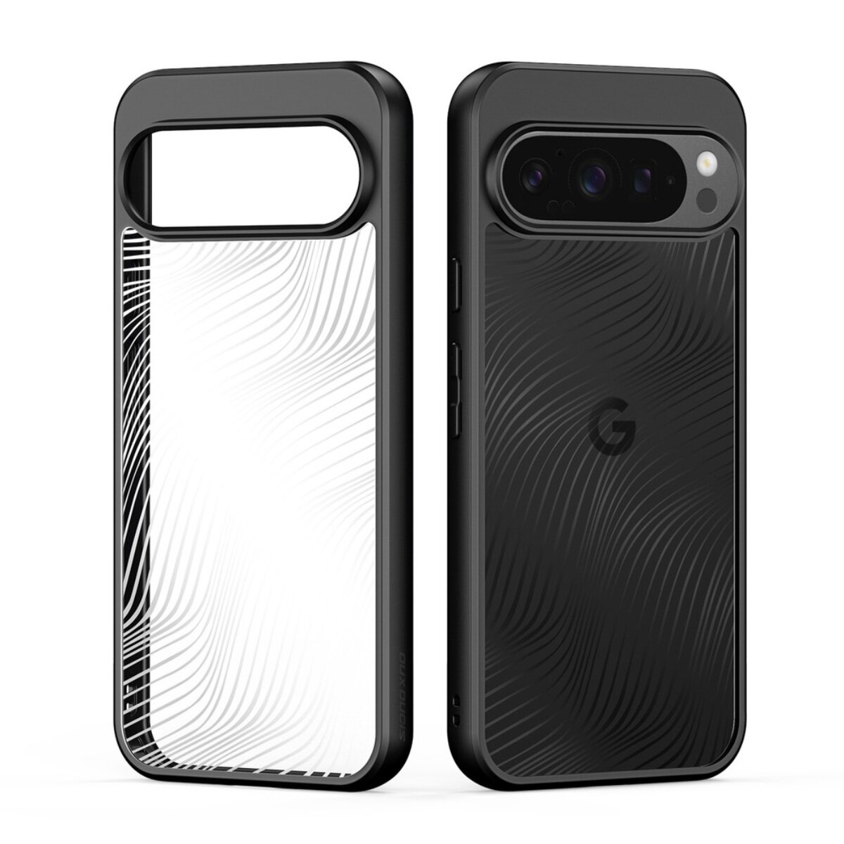 Zwei schwarze Handyhüllen. Eine mit weißem Wellenmuster und Aussparung. Die andere mit strukturierter Rückseite und Kameradetails. Google-Logo.