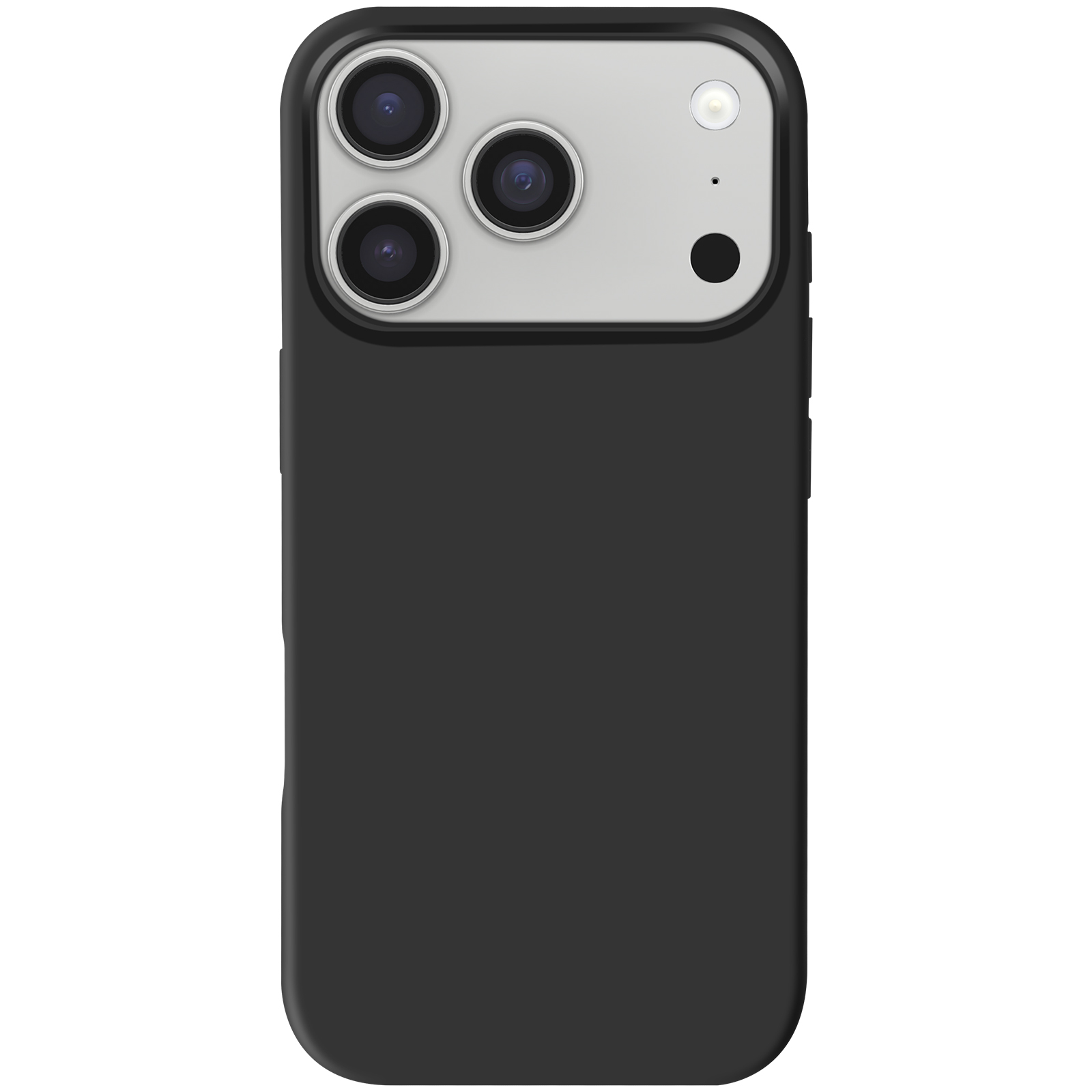 Custodia nera per telefono con area fotocamera argentata. Tre lenti, un flash e un punto nero sono visibili. Angoli arrotondati.