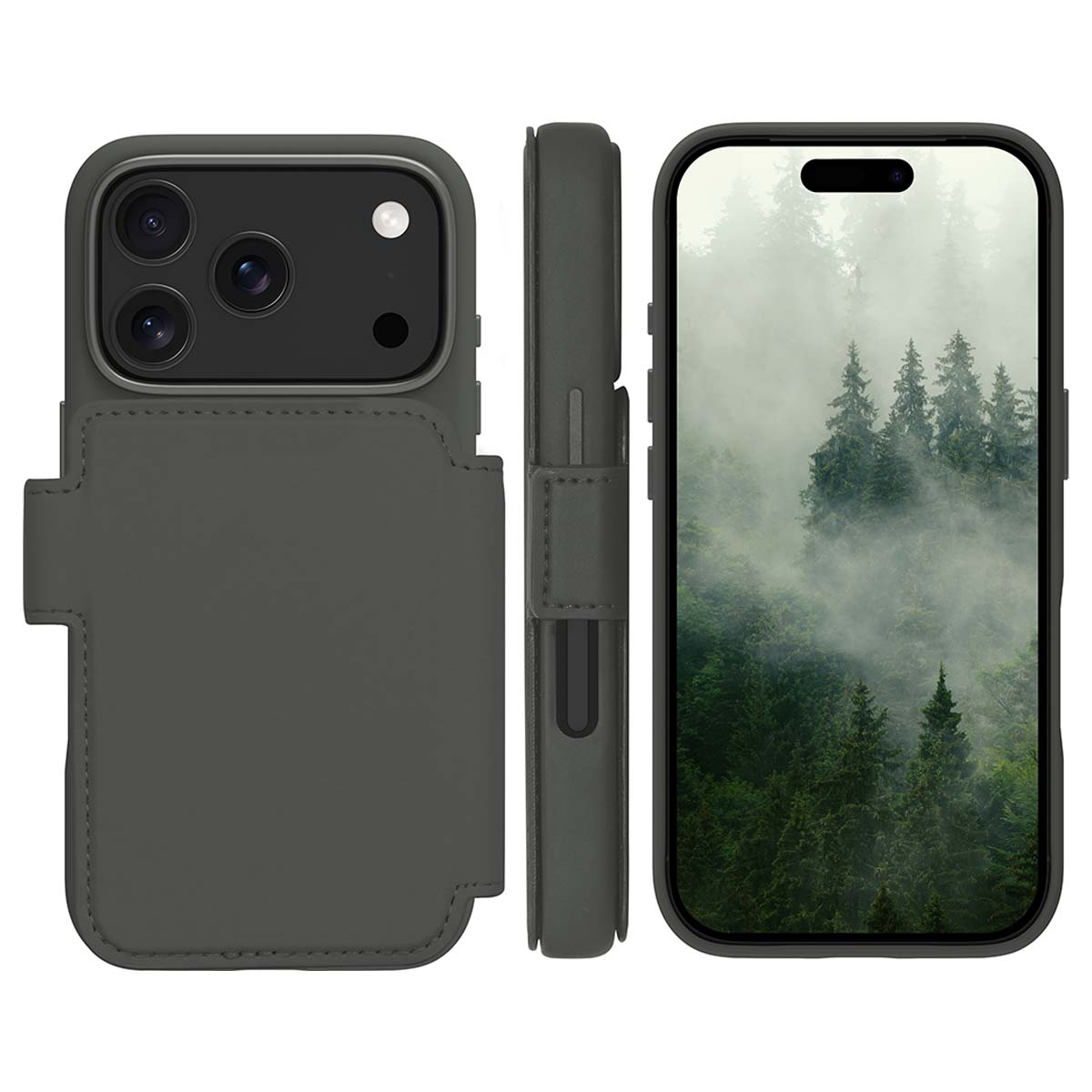Smartphone in custodia grigia, tre angolazioni. Schermo mostra foresta. Custodia con porta carte.