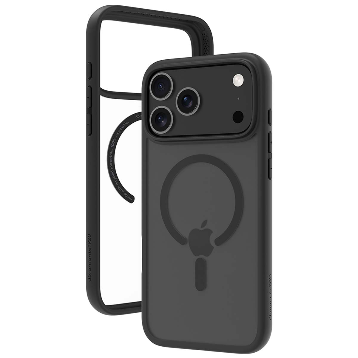 Custodia per telefono nera con cornice trasparente. La custodia ha un cerchio magnetico con il logo Apple. La cornice è in plastica trasparente.