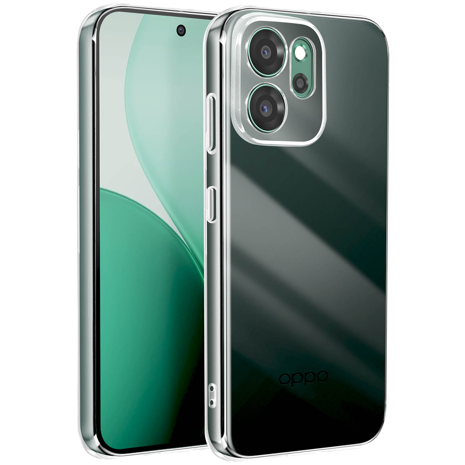 Une coque de téléphone transparente protégeant un smartphone. Le téléphone a un écran vert. La coque a une caméra.