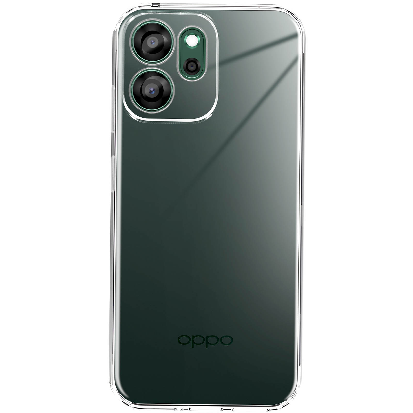 Un étui de téléphone transparent avec des objectifs de caméra triples est visible. Le dos du téléphone est vert foncé avec la marque oppo.
