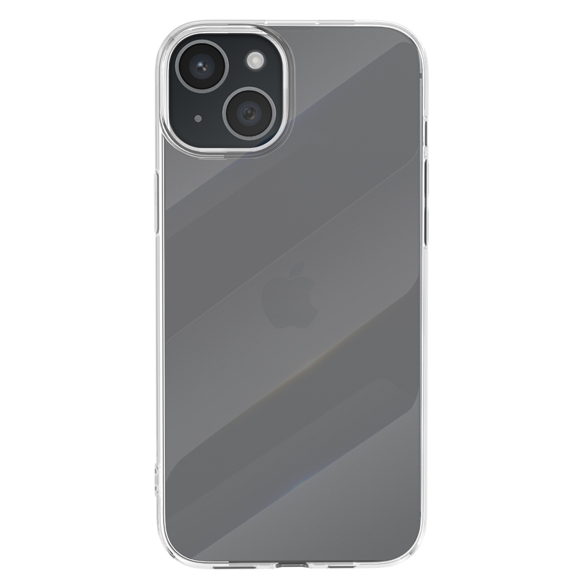 Una custodia trasparente copre un iPhone grigio. La custodia ha strisce diagonali. Il telefono ha due fotocamere e il logo Apple.