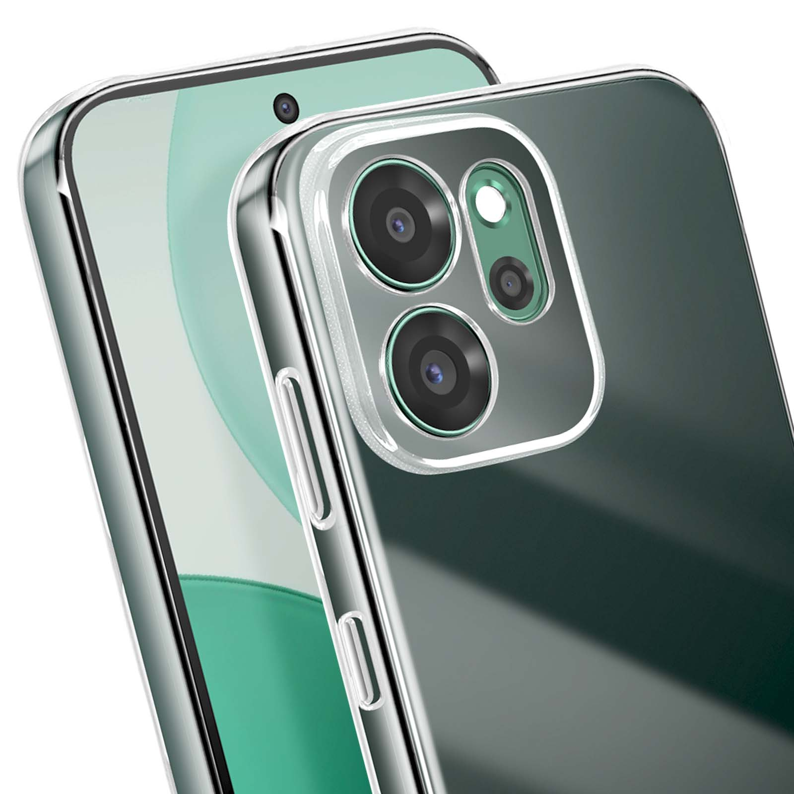 Deux smartphones avec des étuis transparents. L'un a un triple appareil photo, l'autre un seul.