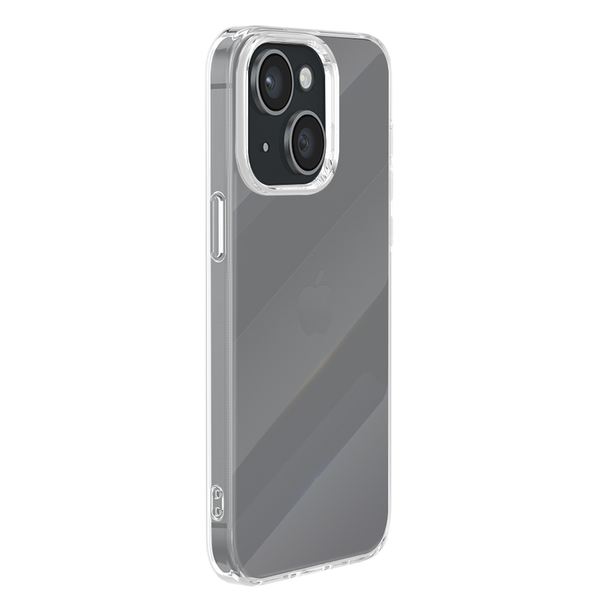 È mostrata una custodia trasparente per iPhone, che mostra la parte posteriore e la fotocamera del telefono. Il logo Apple è visibile. La custodia ha un bordo trasparente.