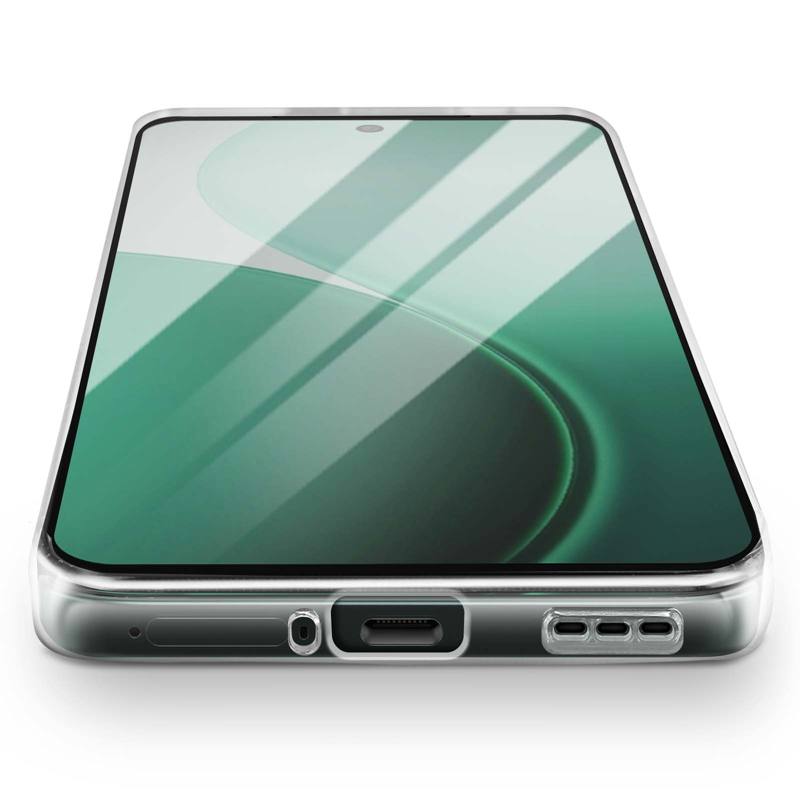Une coque de téléphone transparente avec un protecteur d'écran sur surface blanche. Écran vert.